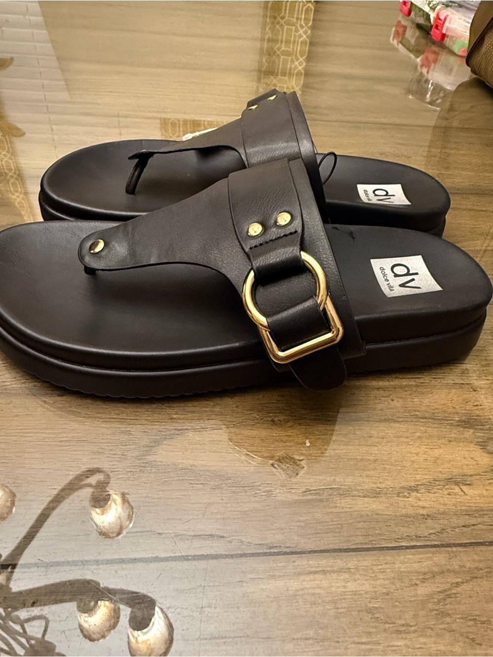 DV by Dolce Vita Black Thong Sandals with Gold Buckle